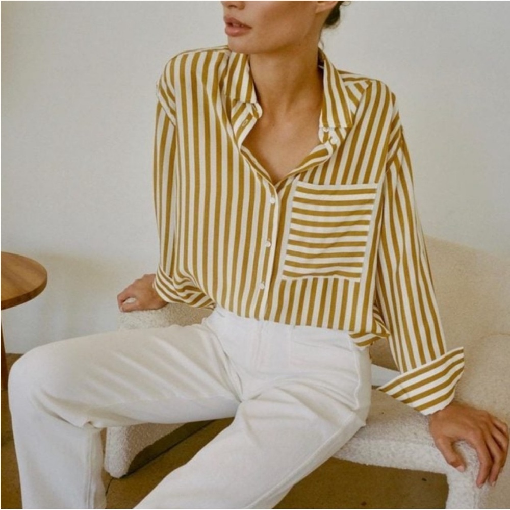 AYR The Plunge Pool Eco Silk  Deep End Button Down  Yellow/mustard  + White